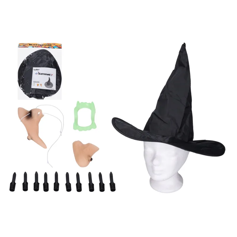 Wiky Sada čarodejnice plast nos, brada, prsty, klobúk, zuby v sáčku 22x28cm karneval