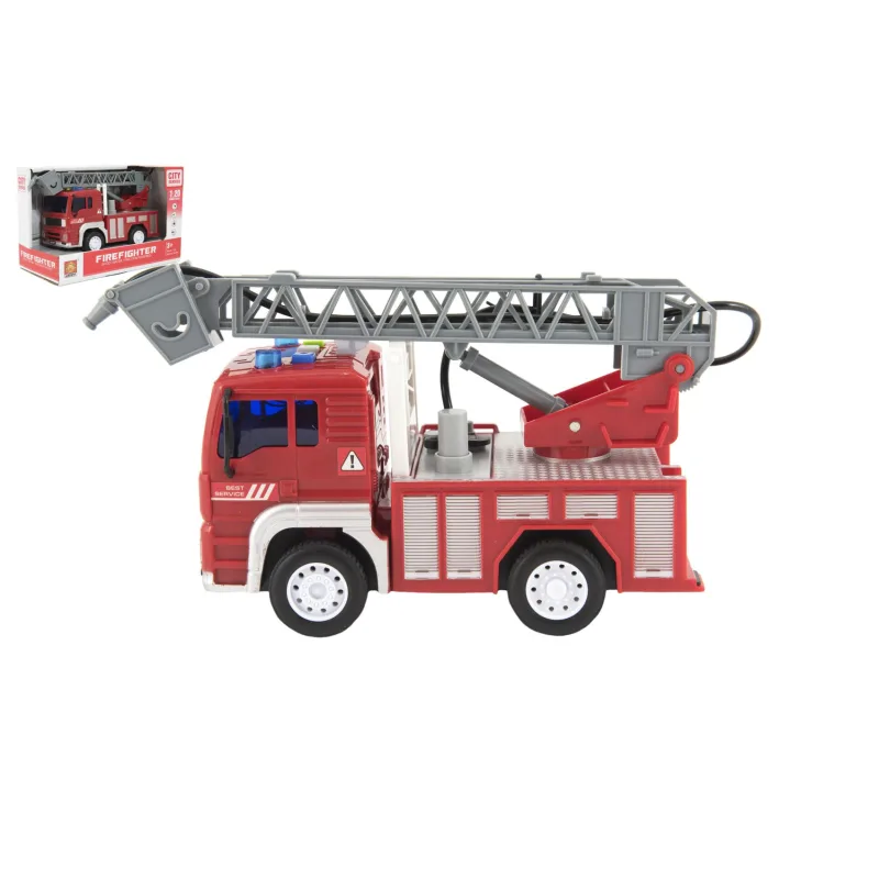 Teddies Auto hasiči striekajúce vodu 20cm plast na zotrvačník na bat. so zvukom so svetlom v krabici 24x16x12cm