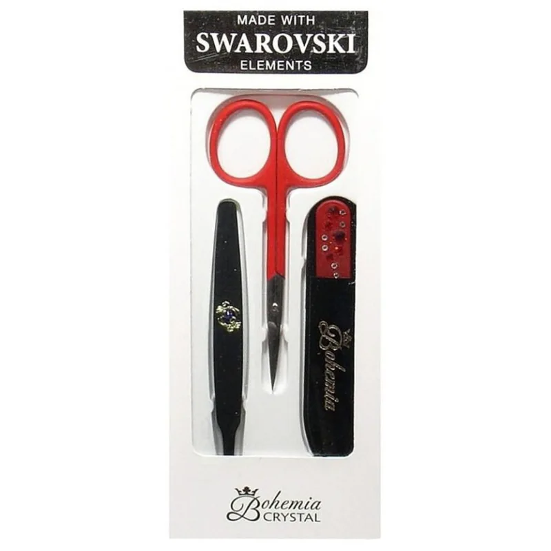 BOHEMIA CRYSTAL Manikura Swarovski - sklenený pilník 90mm + pinzeta + nožnice - červená