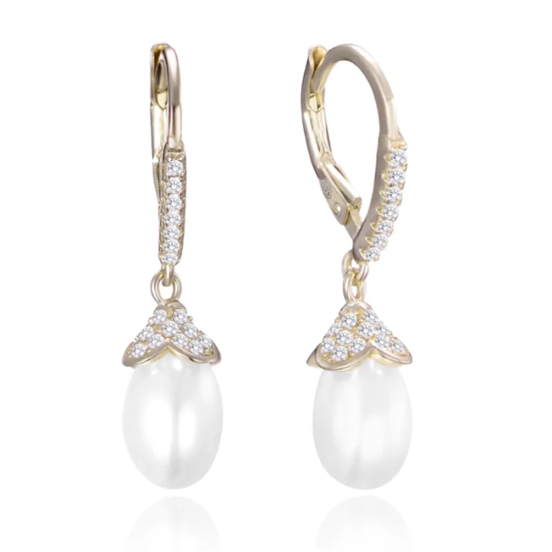 Pozlátené strieborné náušnice s prírodnými perlami a kubickými zirkónmi MINET JMAS7047GE00