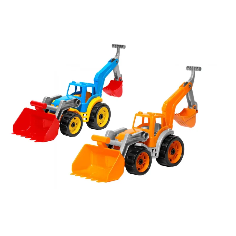 Teddies Traktor/nakladač/bager s 2 lyžicami plast na voľný chod 2 farby v sieťke 16x35x16cm