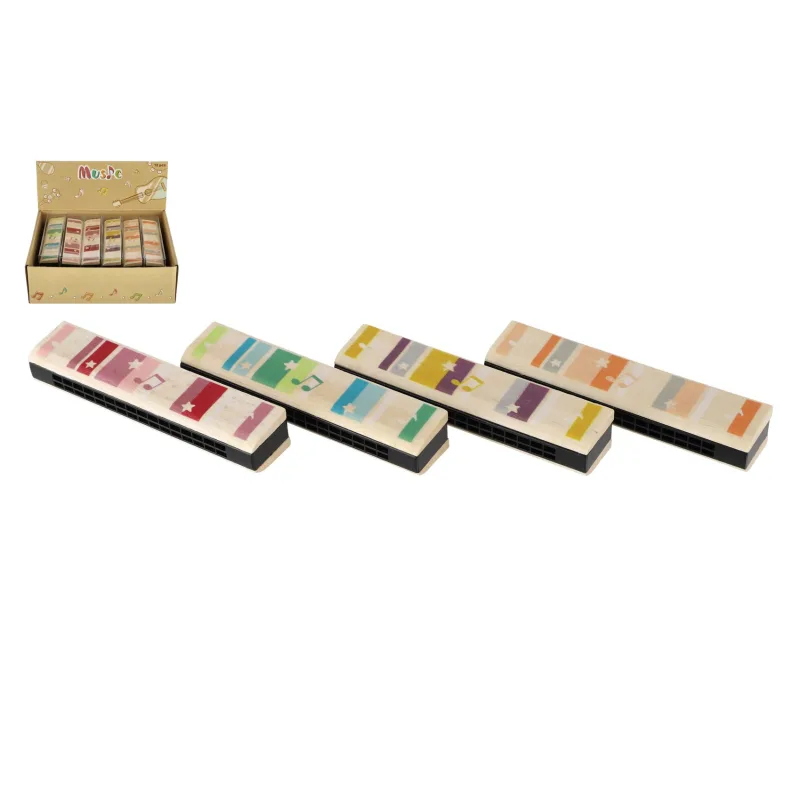 Teddies Harmonika drevená 13cm 4 farby v blistri 12ks v boxe