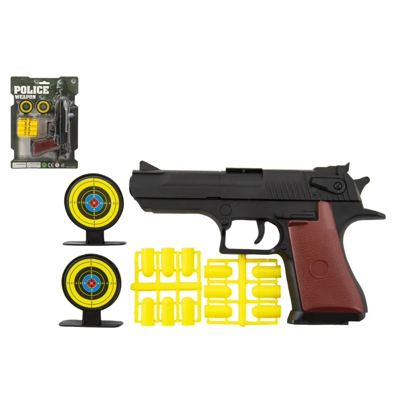 Teddies Pištoľ špuntovka 17cm plast + náboje 12ks + terč 2ks na karte