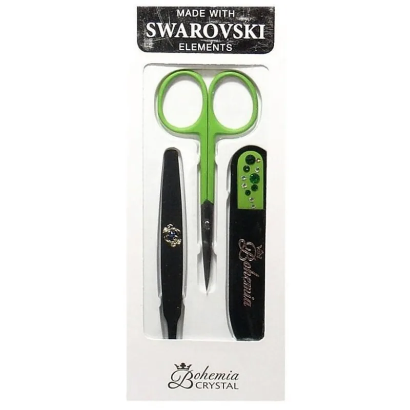 BOHEMIA CRYSTAL Manikura Swarovski - sklenený pilník 90mm + pinzeta + nožnice - zelená