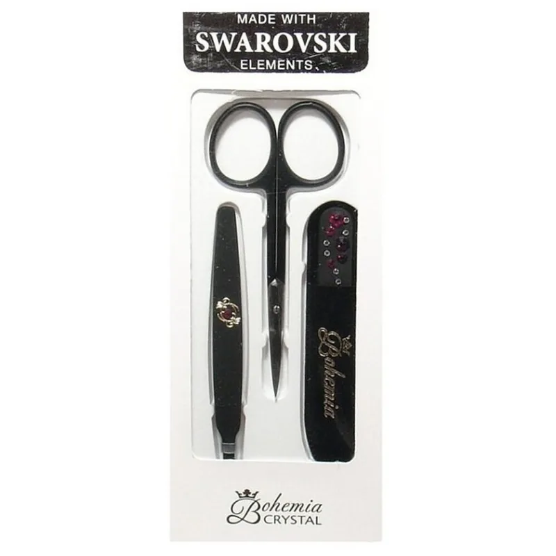 BOHEMIA CRYSTAL Manikura Swarovski - sklenený pilník 90mm + pinzeta + nožnice - čierna