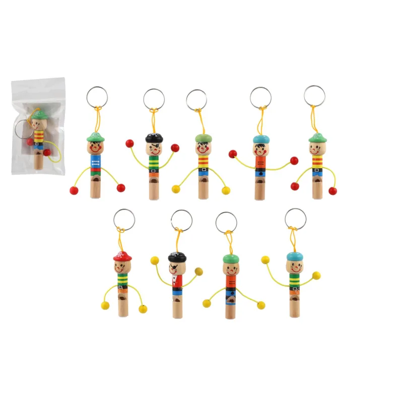 Teddies Píšťalka panáčik prívesok drevo 8cm s pútkom mix druhov