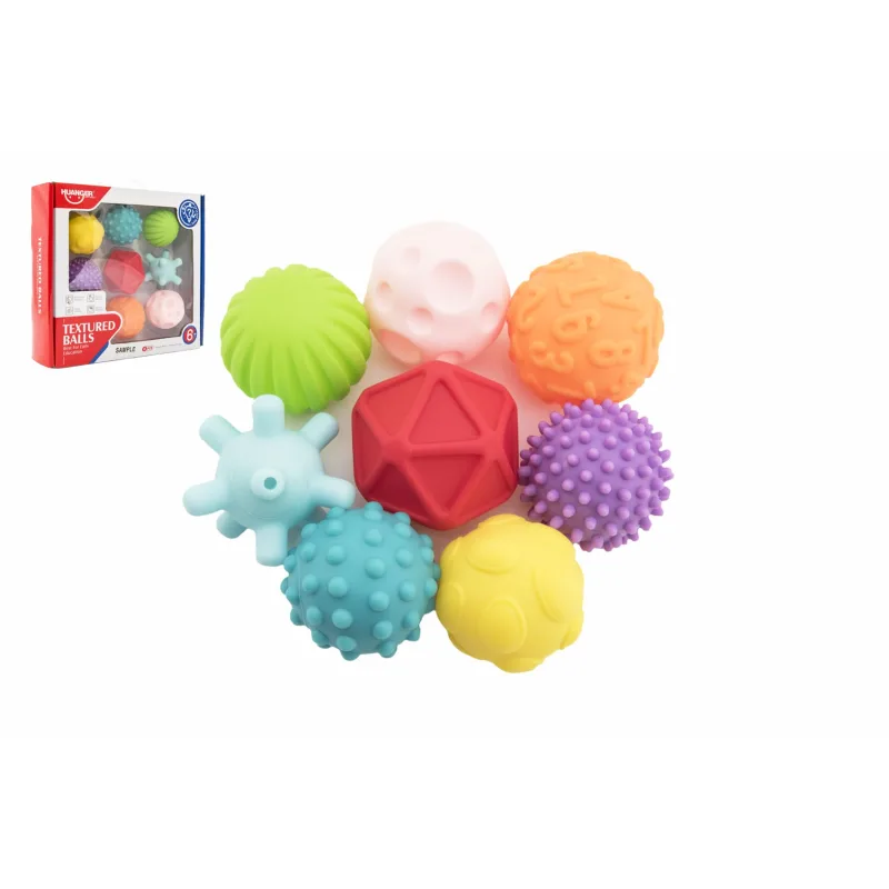 Teddies Sada loptičiek 9ks s textúrou gumové 6-7cm v krabici 29x26x7cm 6m+