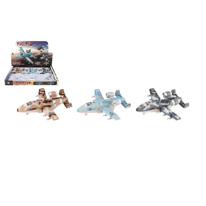 Teddies Lietadlo bojové kov/plast 15cm na spätné natiahnutie na batérie so zvukom, svetlom 3 farby