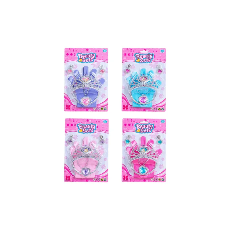 Wiky Sada krásy plast korunka, náhrdelník, náušnice, rukavičky 3 farby na karte 17,5x27,5cm