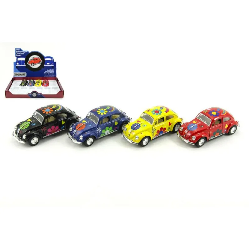 Teddies Auto Kinsmart VW Classical Beetle kov/plast 13cm na spätné natiahnutie 4 farby 12ks v boxe