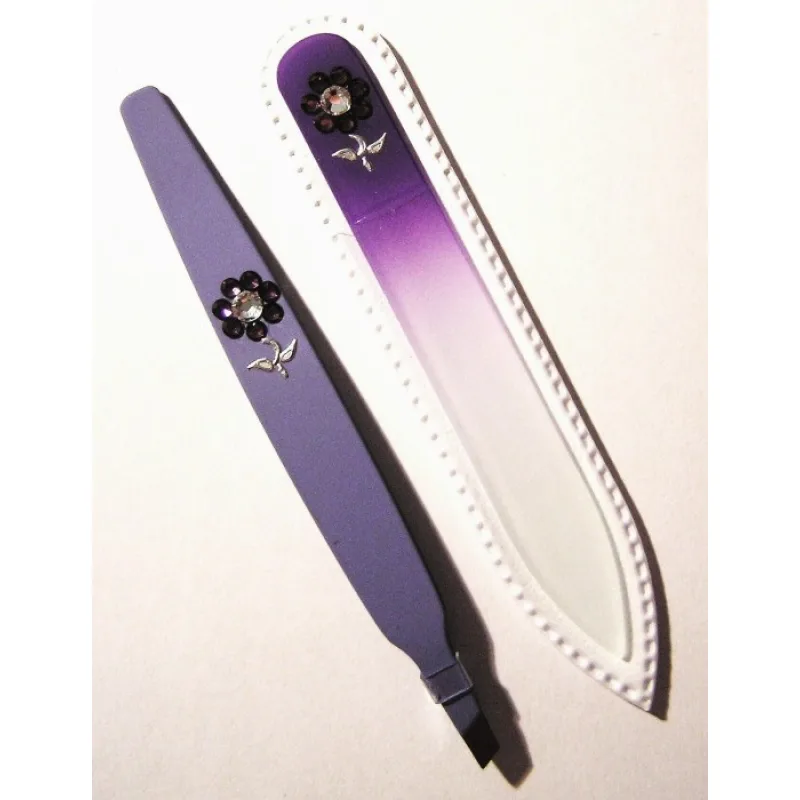 BOHEMIA CRYSTAL SET Swarovski - sklenený pilník 90mm + šikmá pinzeta 97mm - fialová
