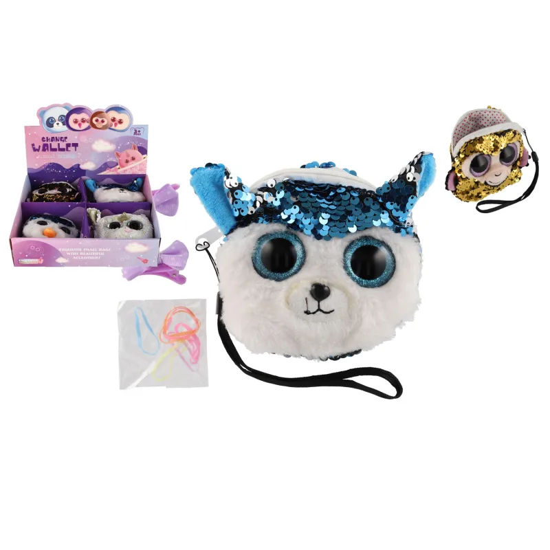 Teddies Peňaženka dievčenská zvieratko látková s flitrami 10x10cm s doplnkami do vlasov 4 druhy v sáčku 8ks v boxe