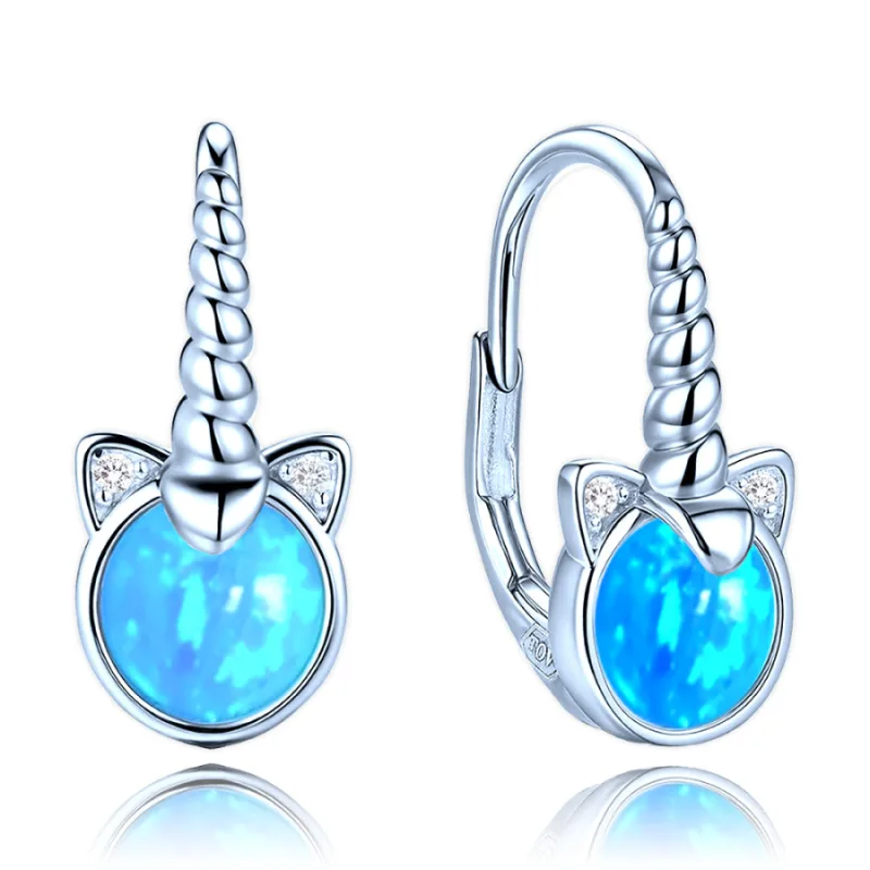 Detské strieborné náušnice jednorožec s modrými opálmi a bielymi zirkónmi MINET JMAD0058BE00