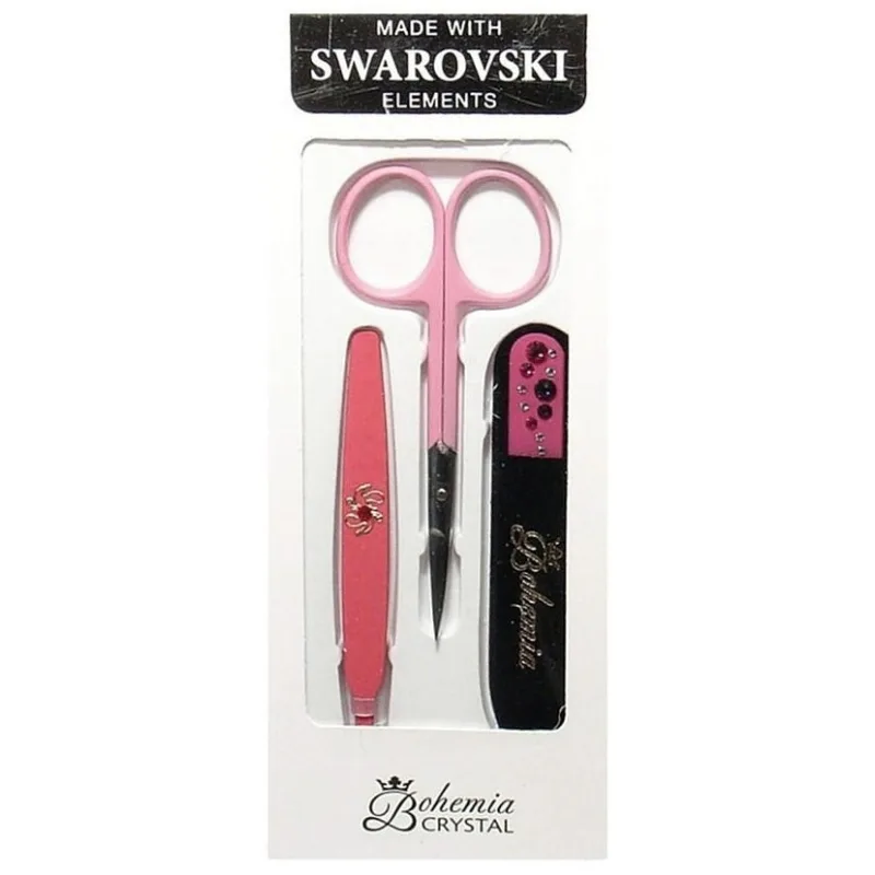 BOHEMIA CRYSTAL Manikura Swarovski - sklenený pilník 90mm + pinzeta + nožnice - ružová