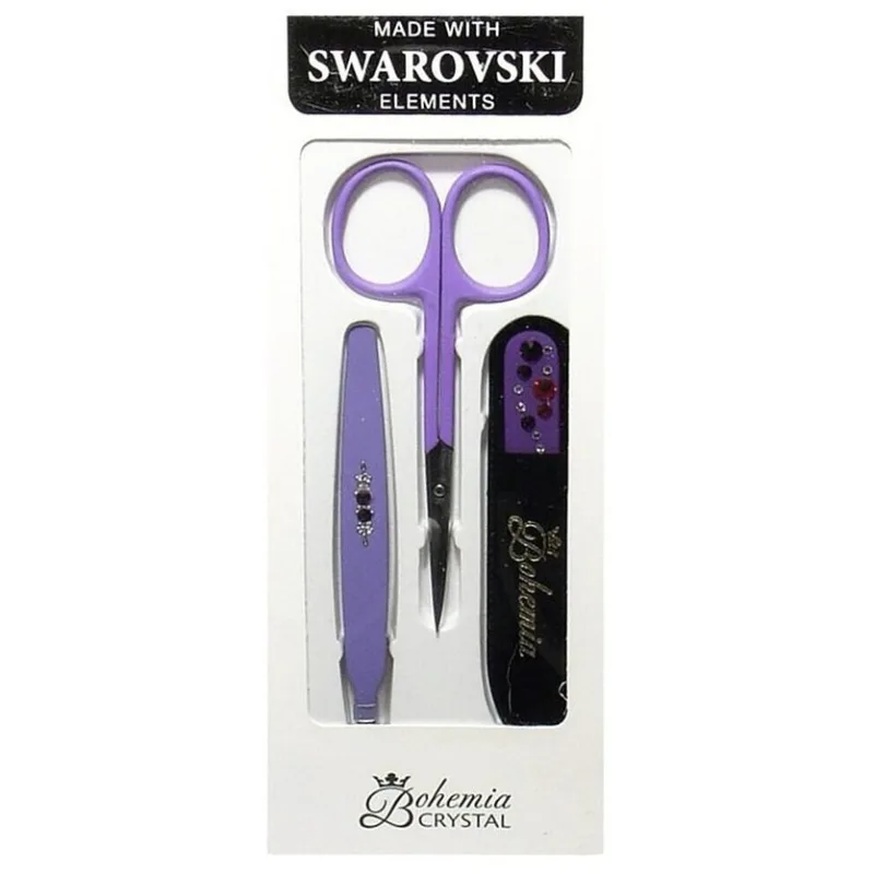 BOHEMIA CRYSTAL Manikura Swarovski - sklenený pilník 90mm + pinzeta + nožnice - fialová
