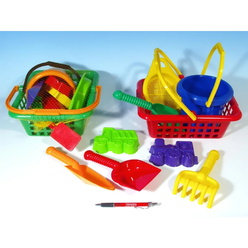 LORI Košík sada - 2 bábovky rýľ lopatka hrabličky sitko vedro nákupný košík plast 12m+