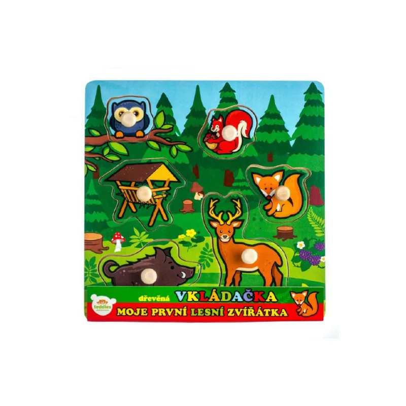 Teddies Vkladačka drevená Moje prvé zvieratká lesné 6 ks 22,5x22,5x2,5 cm 12m+