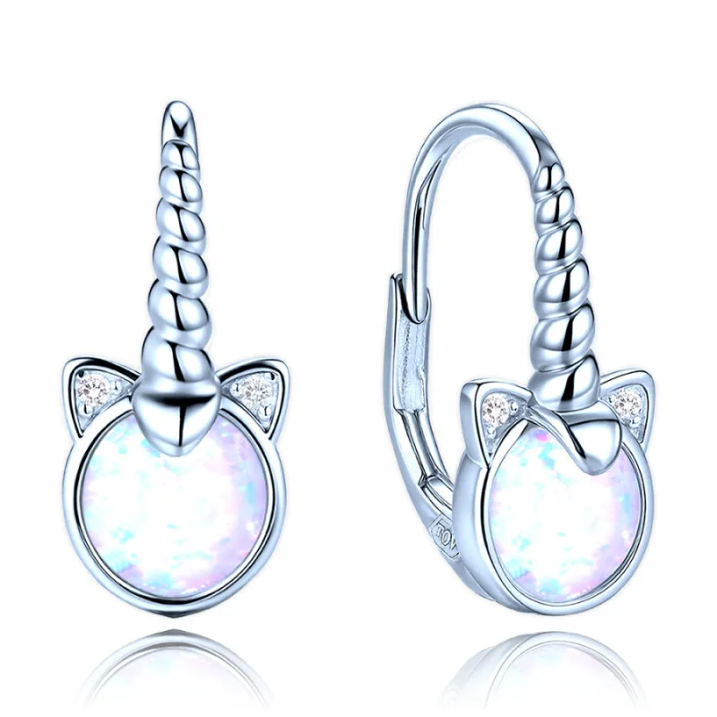 Detské strieborné náušnice jednorožec s bielymi opálmi a bielymi zirkónmi MINET JMAD0058WE00