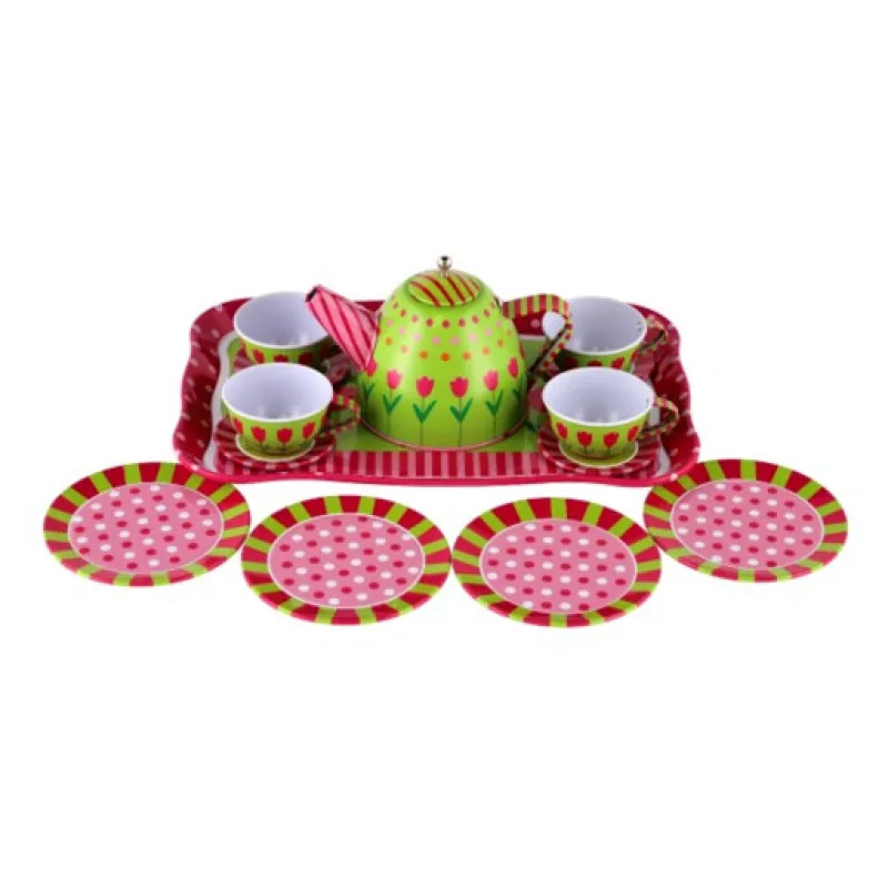 Dětská čajová sada s tulipány, 14ks plech, 25x17x11 cm