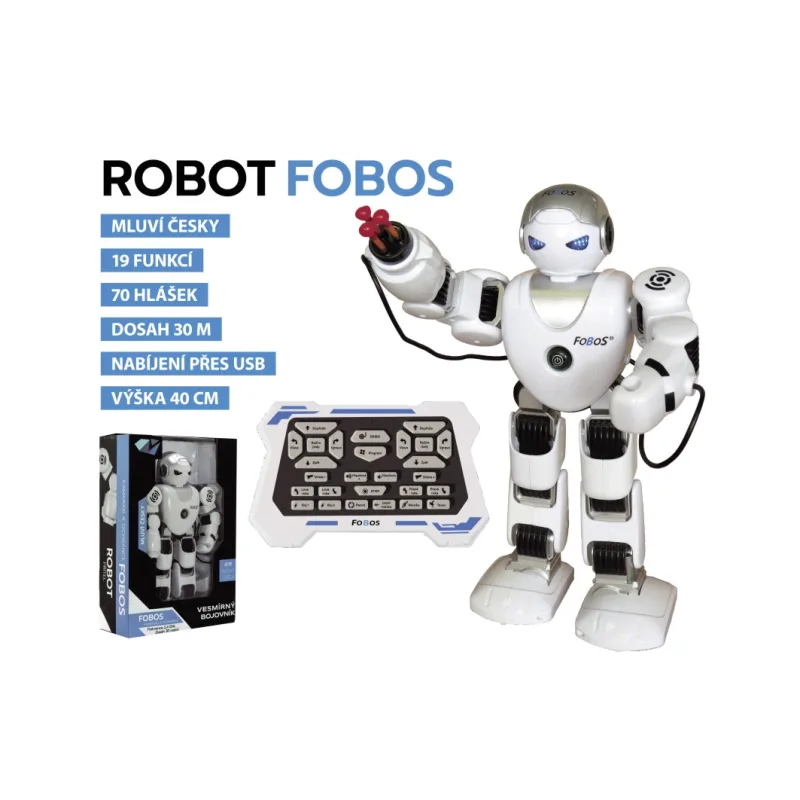 Teddies Robot RC FOBOS plast interaktívny chodiaci 40cm slovensky hovoriaci na batérie s USB v krabici 31x45x13cm