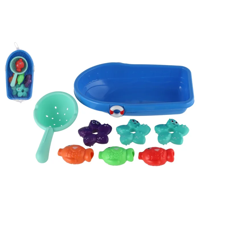 Teddies Súprava do vane plast lodička, sitko s morskými zvieratkami v sieťke 14x24cm