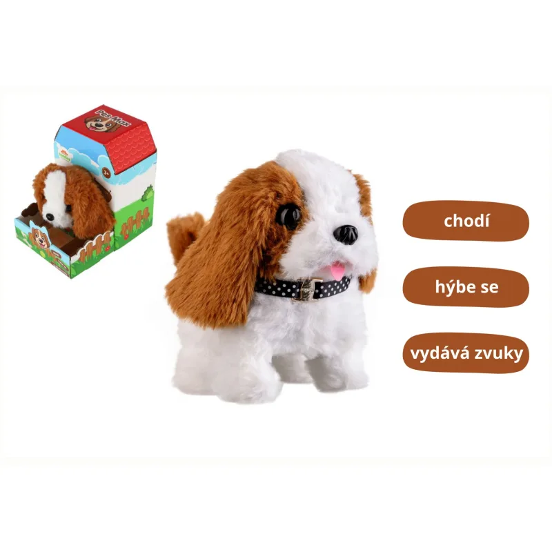Teddies Pes Max chodiaci štekajúci plyš/plast 15 x12cm na batérie so zvukom s pohybom v krabici 13x19x18cm
