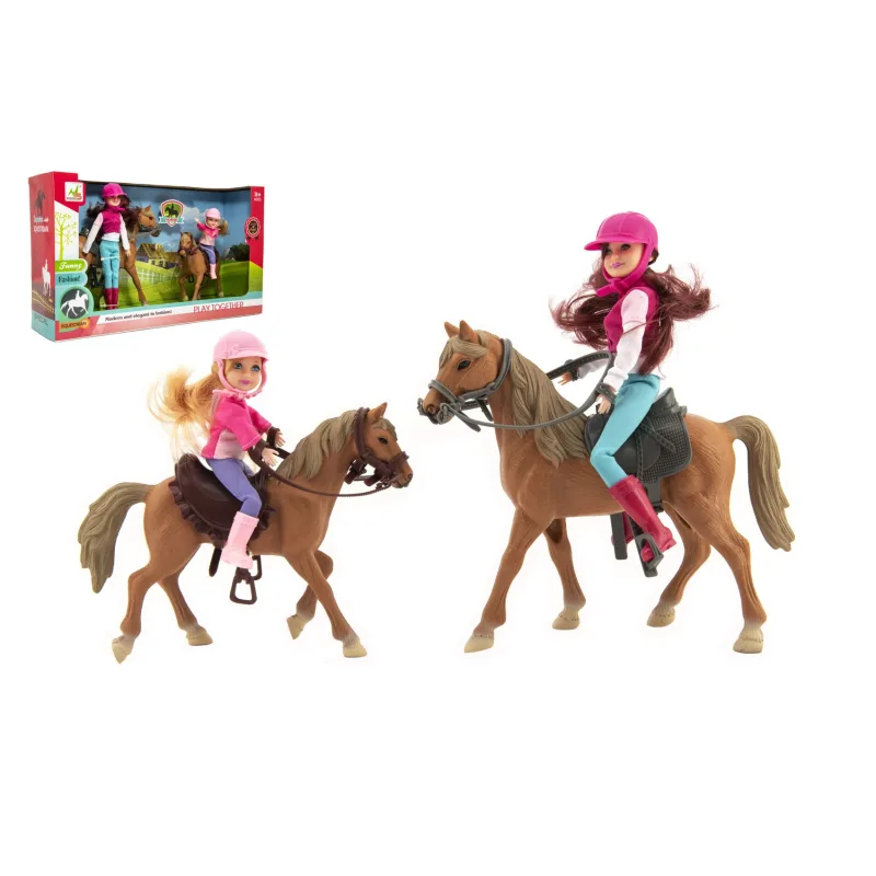 Teddies Kôň 2ks + bábika džokejka 2ks plast v krabici 44x26x12cm