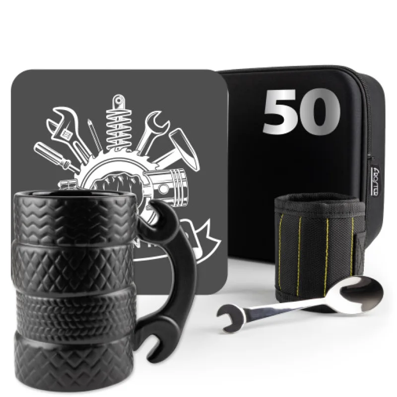 Dárková sada pro milovníky aut, pneumatikový hrnek, 50. narozeniny