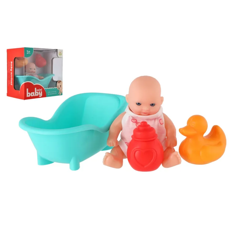 Teddies Bábika 10cm pevné telo plast s vaničkou s doplnkami v krabičke 16x15x10cm