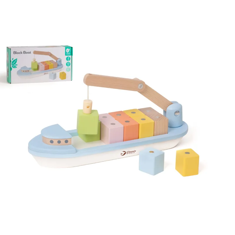 Teddies Loď kontajnerová s žeriavom 13ks drevo 28cm s doplnkami v krabici 30x16x8cm 24m+