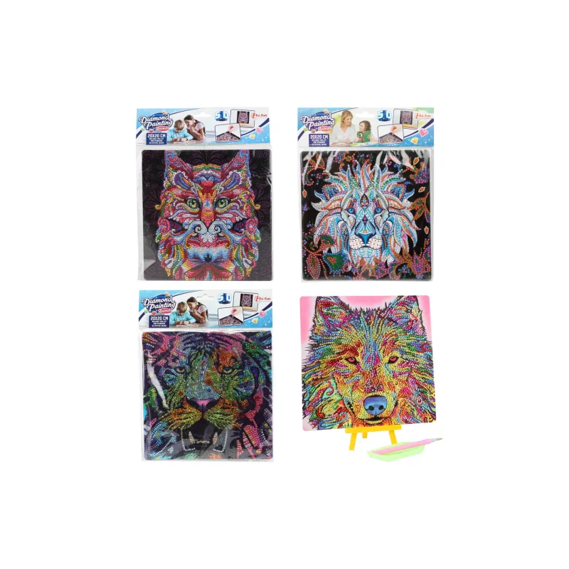Teddies Kreatívna sada diamantové maľovanie zvieratá 20x20cm s nalepovacími diamantmi 4 druhy na karte 21x26cm