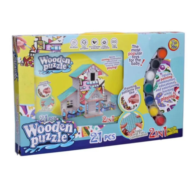Puzzle 3D dřevěný domeček s barvami