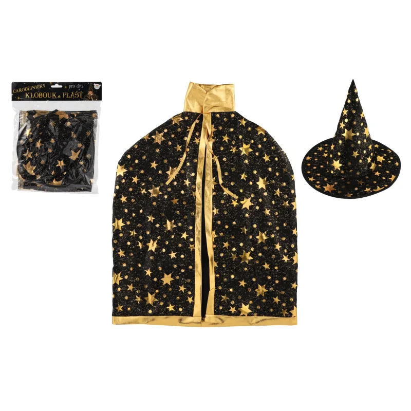 Teddies Klobúk čarodejnícky + plášť pre deti priemer 38cm čierno-zlatý v sáčku karneval