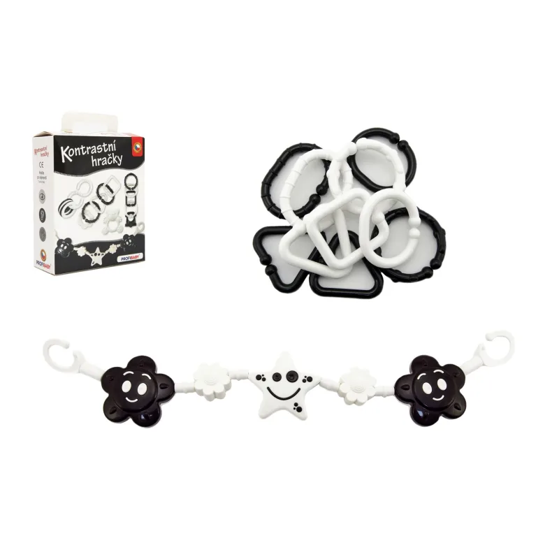 Profibaby Kontrastné hračky plast hrkálka, hryzátko, zábrana na kočík v krabičke 15x18x6cm 0m+