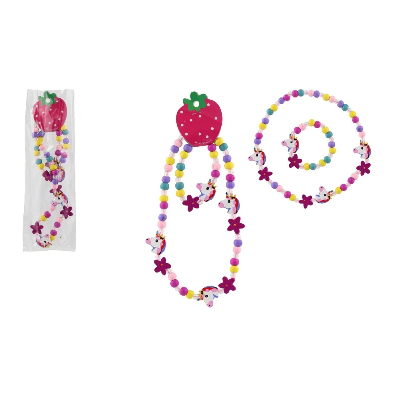 Teddies Náhrdelník a náramok korálky jednorožec drevo/plast 20cm v sáčku