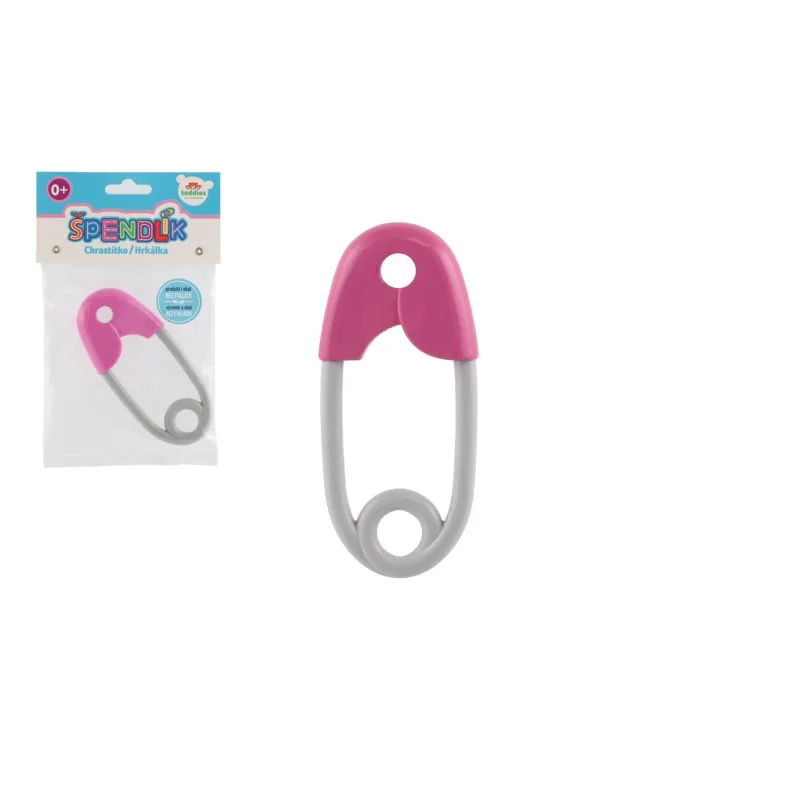Teddies Hrkalka špendlík plast 12cm ružovošedé 12x19cm v sáčku 0m+