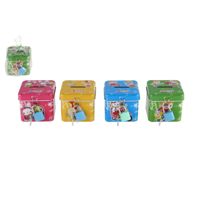 Teddies Pokladnička so zámkom plechová kocka 7x6cm 4 farby v sáčku