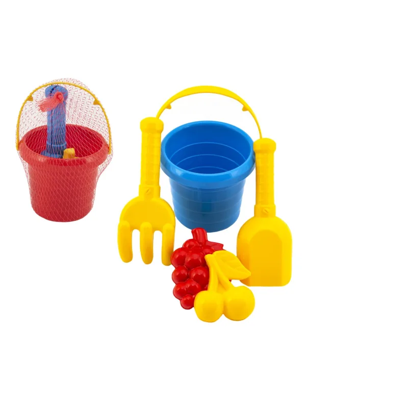 Teddies Sada na piesok 5ks plast vedierko, lopatka, hrabličky, formička 2ks 3 farby v sieťke 11x18x11cm 12m+