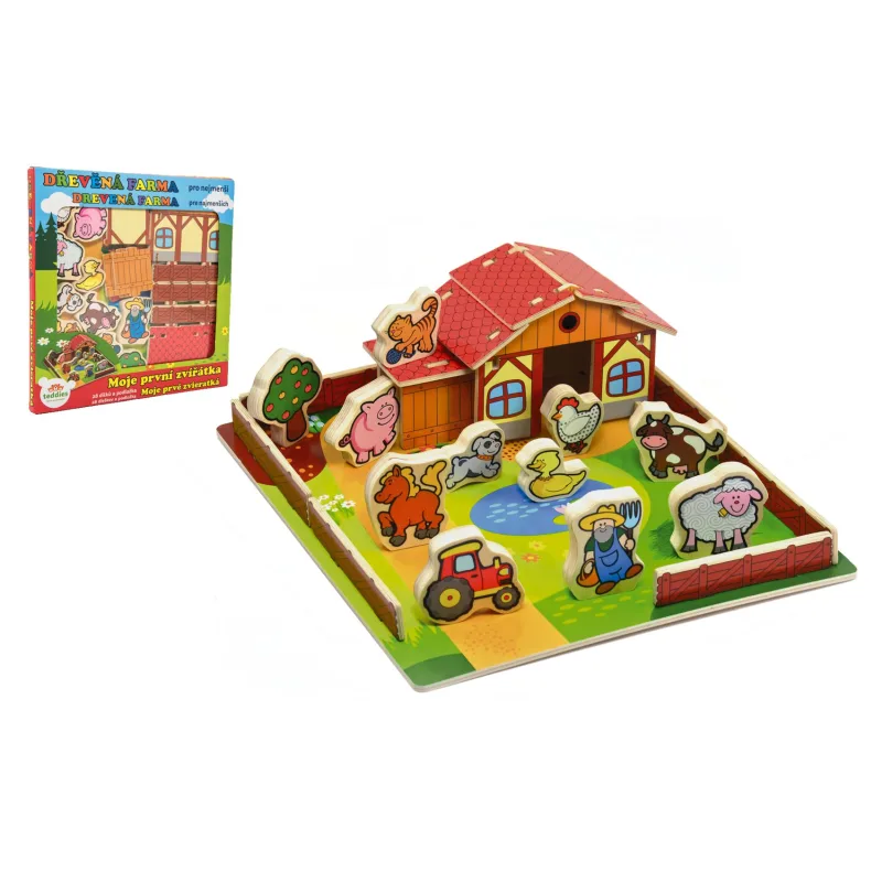 Teddies Domček drevená farma Moje prvé zvieratká 31x31cm 28ks+podložka v krabici MPZ