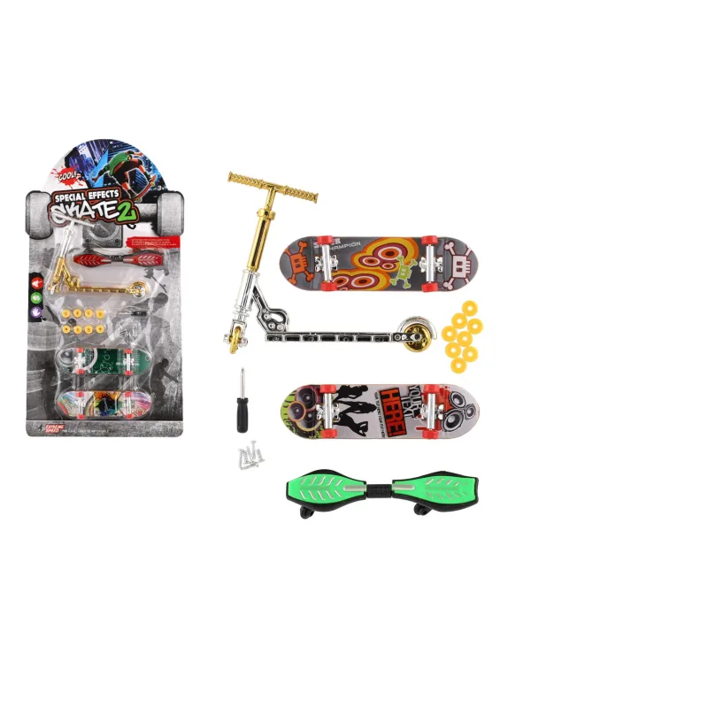 Teddies Sada skateboard skrutkovací, kolobežka prstová, waveboard plast s doplnkami mix druhov na karte 16x30cm