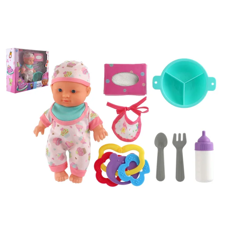 Teddies Bábika bábätko 22cm pevné telo plast s doplnkami v krabici 30x24x8cm