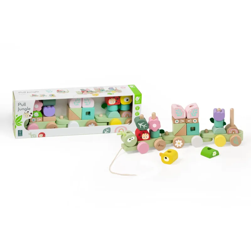 Teddies Vlak + 2 vagóny jungle drevo ťahacia stavebnica 27 dielikov v krabici 38x12x8cm 12m+