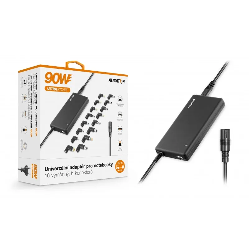 ALIGATOR Univerzální adaptér pro notebooky se 16 výměnnými konektory a USB, 90W CHNT003