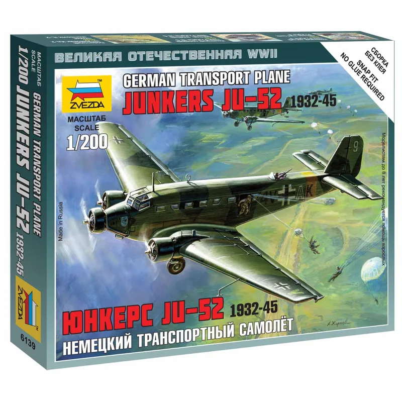 Zvezda Wargames (WWII) lietadlo 6139 - Junkers Ju-52 Transport Plane (1:200)