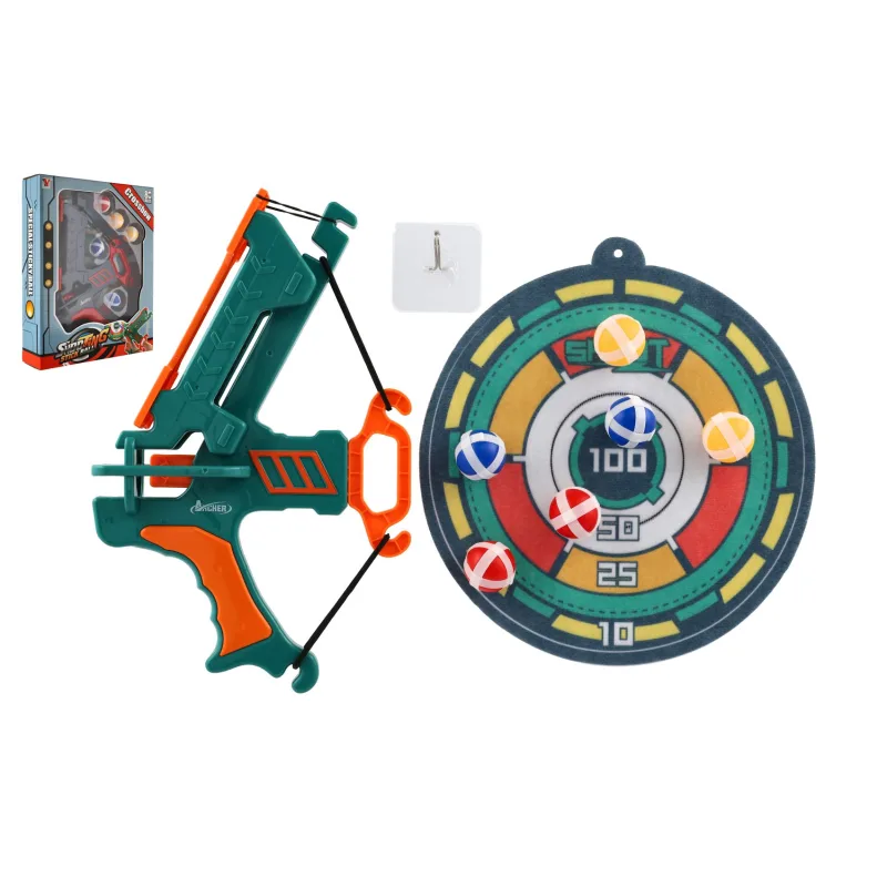 Teddies Luk 33cm vystreľujúci loptičky na suchý zips 6ks plast + terč 2 farby v krabici 27x35x7cm