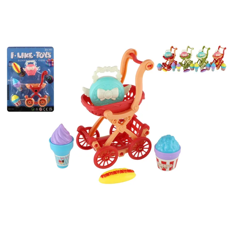 Teddies Kočík mini s doplnkami plast 9x13cm 4 farby na karte 18x25x6cm