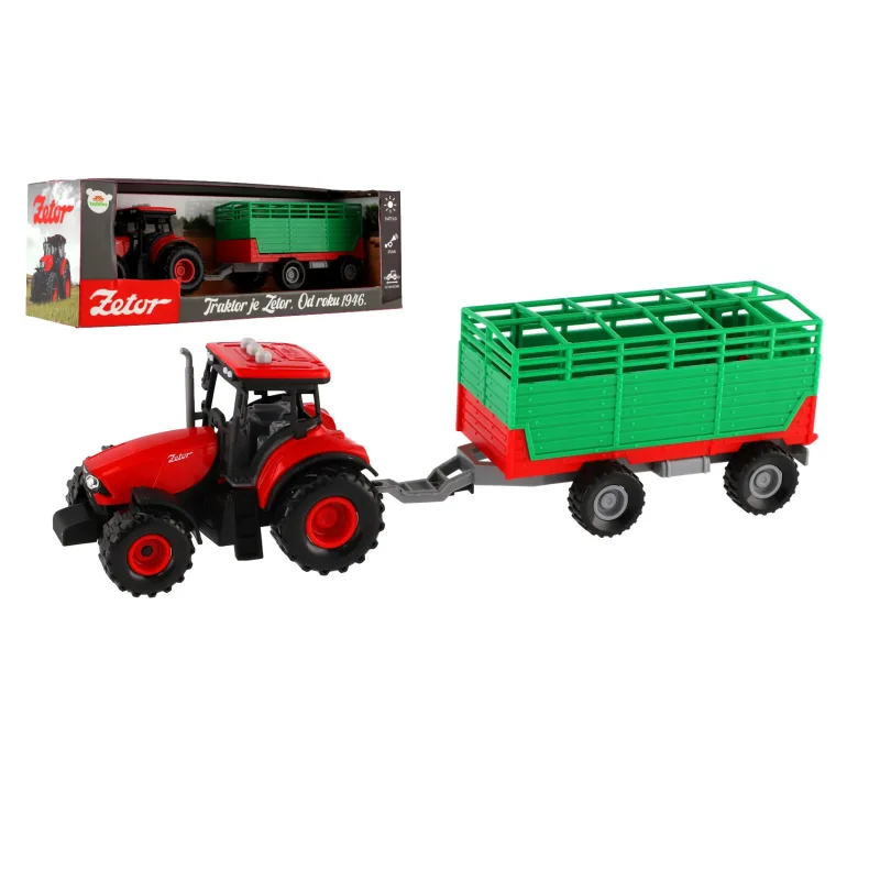Teddies Traktor Zetor s vlekom plast 36cm na zotrvačník na bat. so svetlom so zvukom v krabici 39x13x13cm