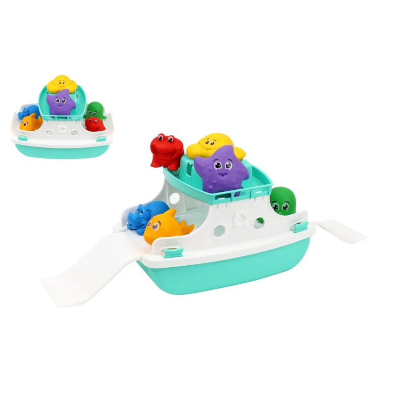 Teddies Loď/Trajekt do vody plast s doplnkami v sieťke 16x16x25cm