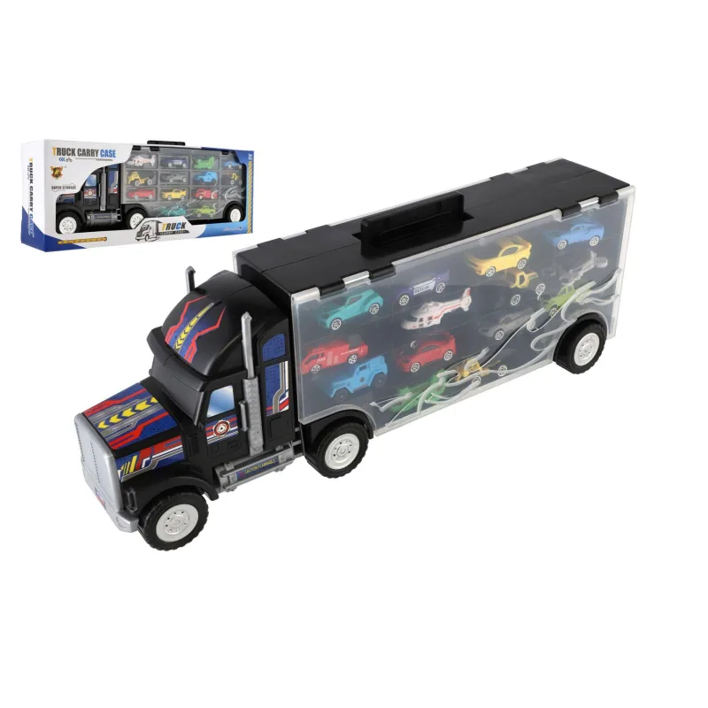 Teddies Auto kamion přepravník + dopravní prostředky 14ks plast 57cm na volný chod v krabici 59x22x13cm