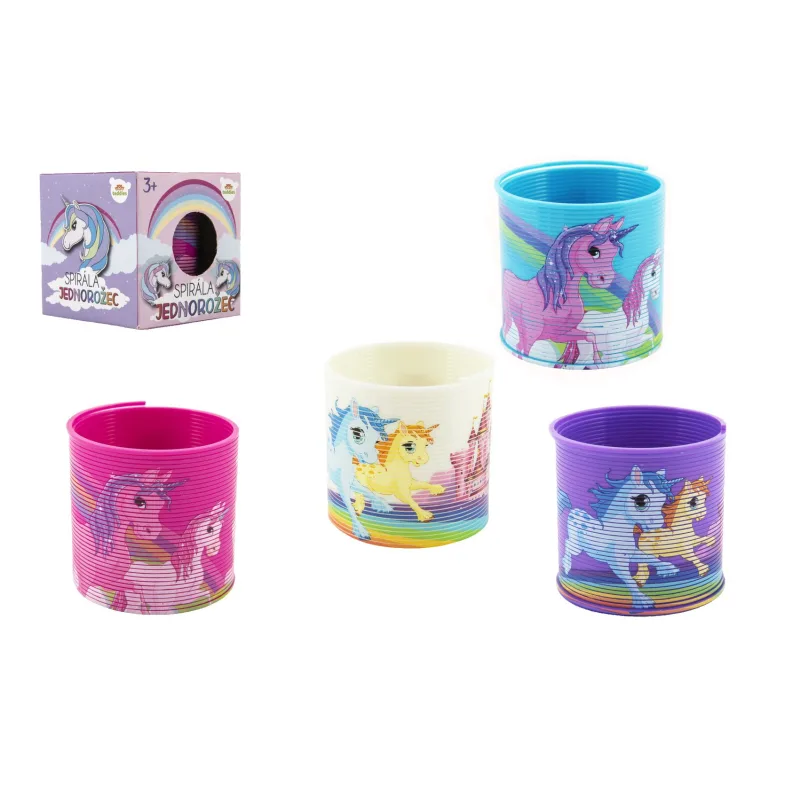 Teddies Špirála/ pružina jednorožec plast priemer 6,5cm 4 farby v krabičke 7x7x7cm